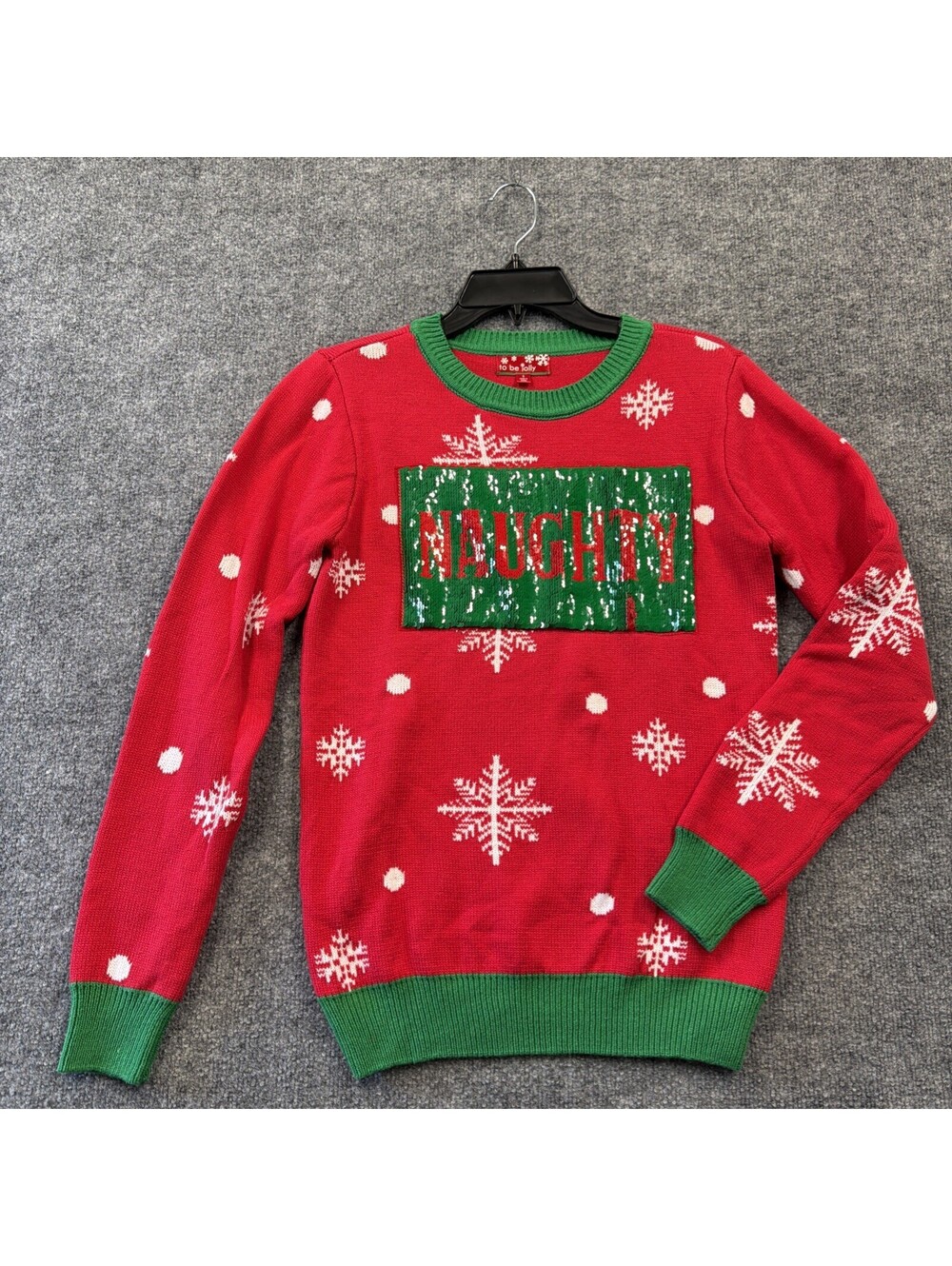 To Be Jolly Ugly Christmas Sweater Naughty & Nice Sequins Sz Small